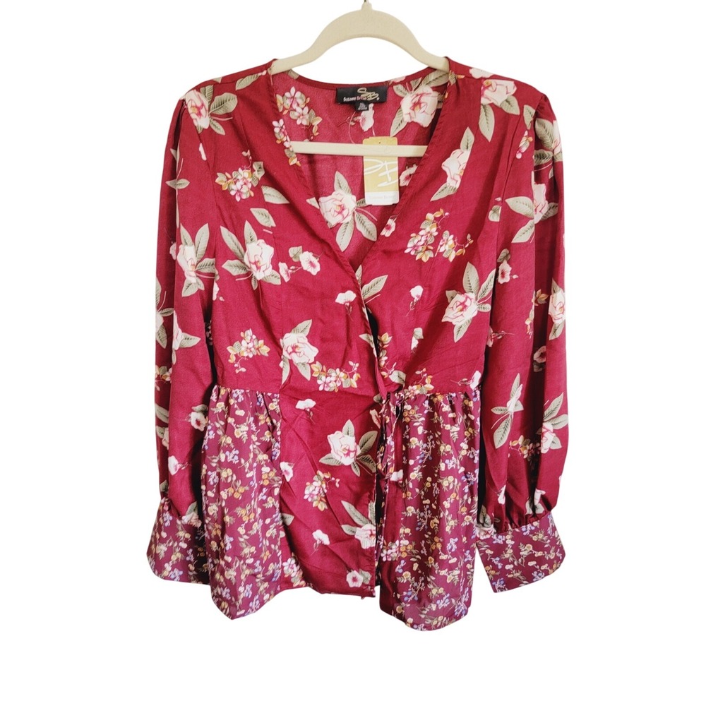 Suzanne Betro XL Floral Top Wrap Blouse Maroon Deep V-Neck L/S NWT RV‎ $71
